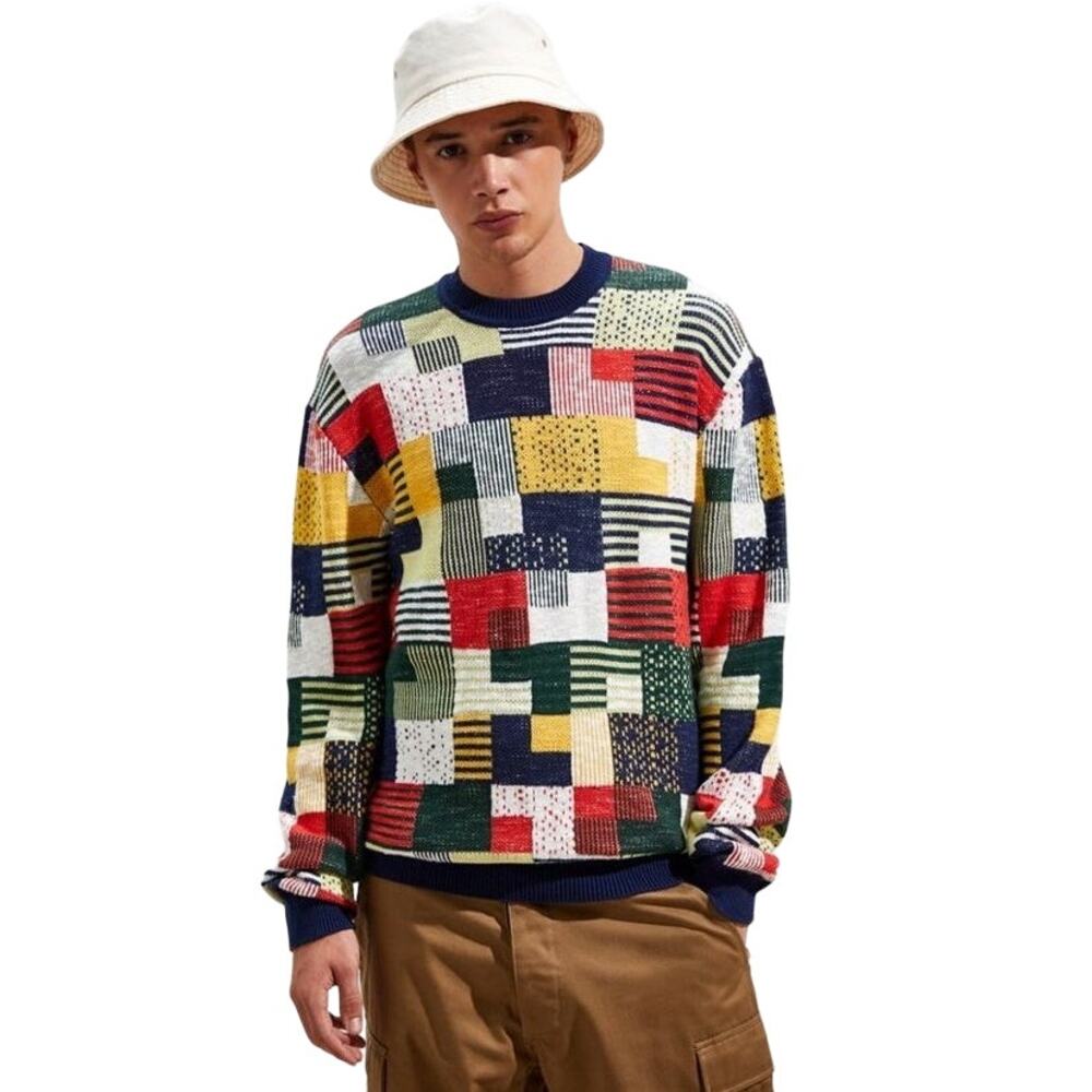Urban Outfitters O'Hanlon Patchwork Print Sweater Crew Neck Rib Trim Multi L
